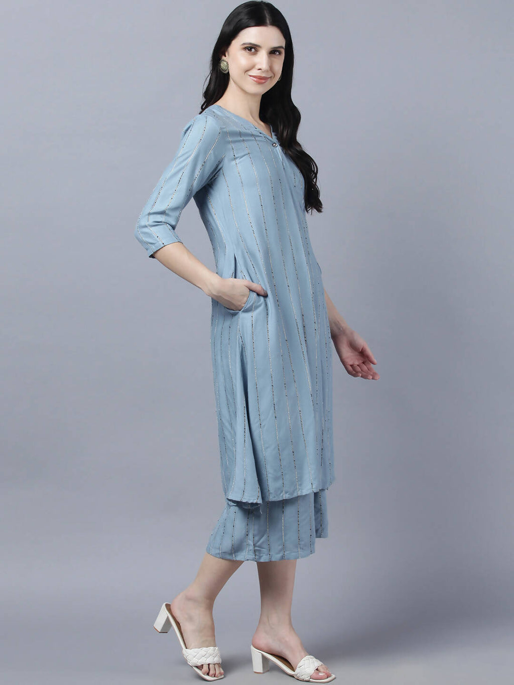 Myshka Stylish Grey Viscose 3/4 Sleeve Women's Kurta Palazzo Set - Distacart
