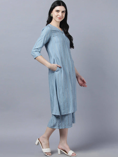 Myshka Stylish Grey Viscose 3/4 Sleeve Women's Kurta Palazzo Set