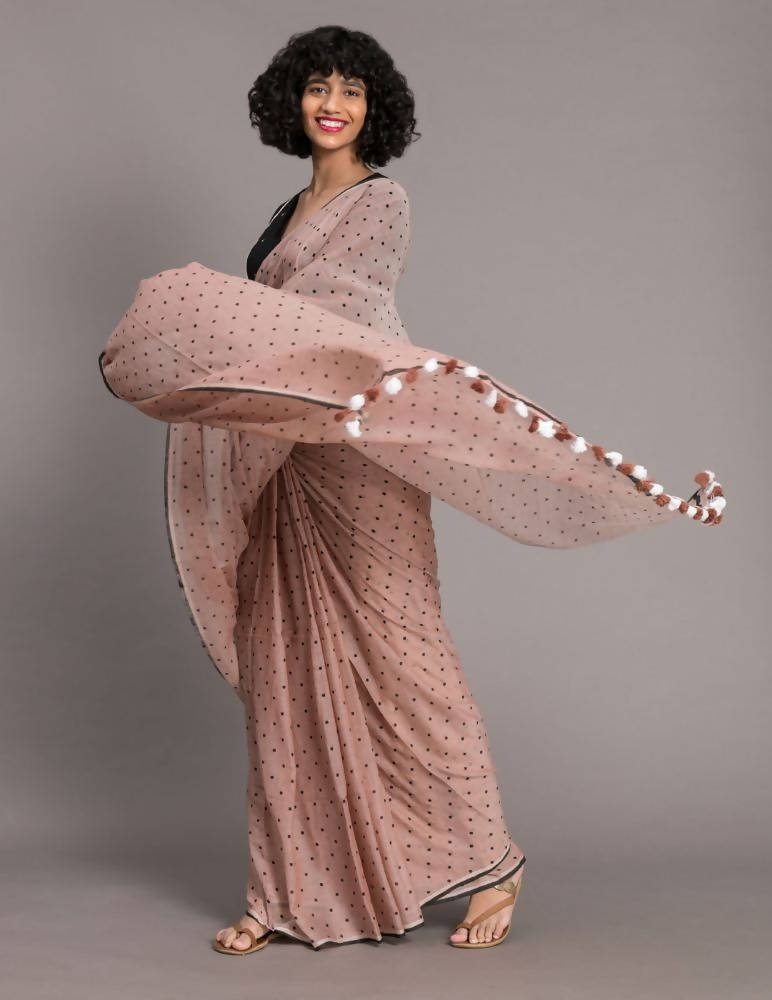 Suta Brown Black Polka Dots Printed Pure Cotton Saree - Distacart