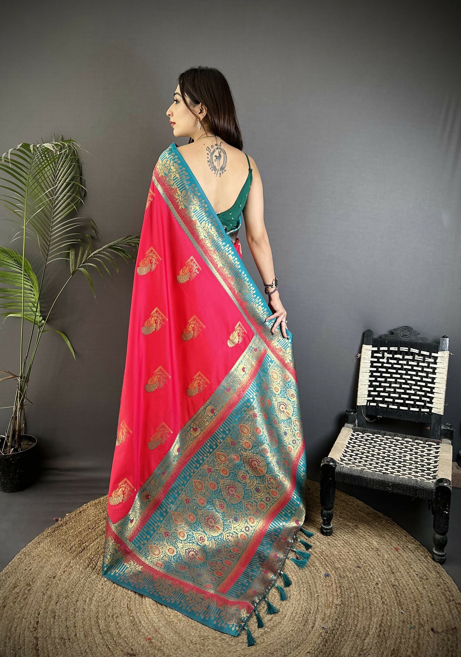 Joban Fashion Hot Pink Banarasi Soft Silk Peacock Butta Work Saree - Distacart