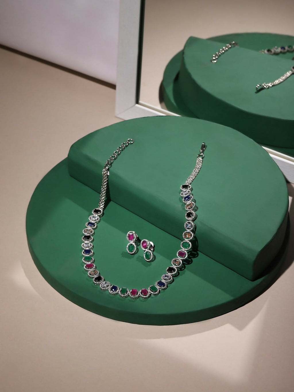 Diamond & Semi Precious Stone Neckpiece with Small Earrings- Ruby Raang