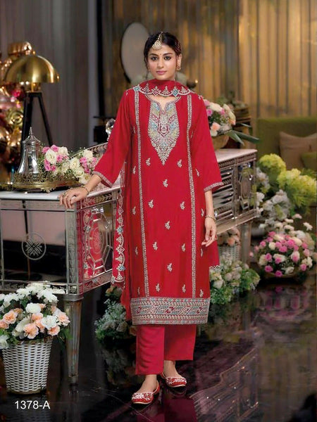 Anaita Red Heavy Chinon Readymade Suit with Embroidery & Sequence Work