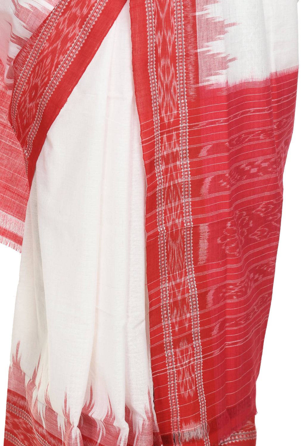 Vamika Sambalpuri Ikat Cotton Plane Kumbha White & Red Saree - Distacart