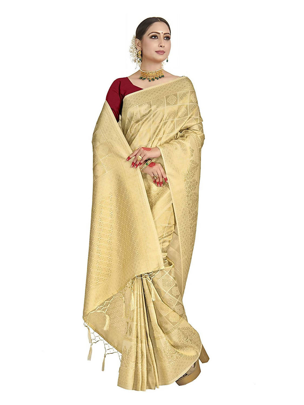 Vardha Women's Beige Kanchipuram Raw Silk Saree With Unstitched Blouse Piece