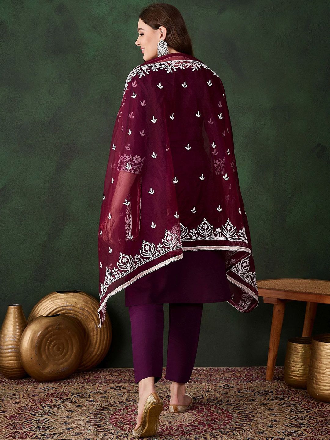 Sangria Purple Floral Embroidered Thread Work Pure Cotton Kurta & Trouser With Dupatta