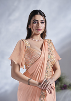 Peach Crepe Satin Silk Designer Ready to wear saree with stithced Blouse - Mohmanthan Aura