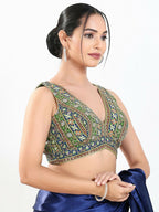 Joban Fashion Green Multi Georgette Padded Blouse With V Neck Sleeveless - Distacart