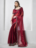 Maroon Burburry silk Swarovski Designer Work Saree - Shezlin