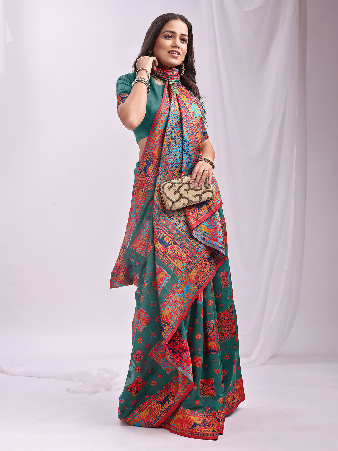 Shree Shyam Fashion Vastraloom Rama Green Linen Cotton Saree