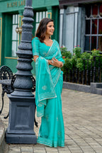 Vastranavya Turquoise Embroidery Work Shimmer Chiffon Saree with Unstitched Blouse - Distacart