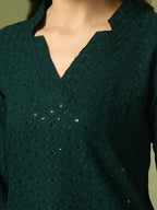 Myshka Women's Green Embellished Cotton Regular Party Tunic
