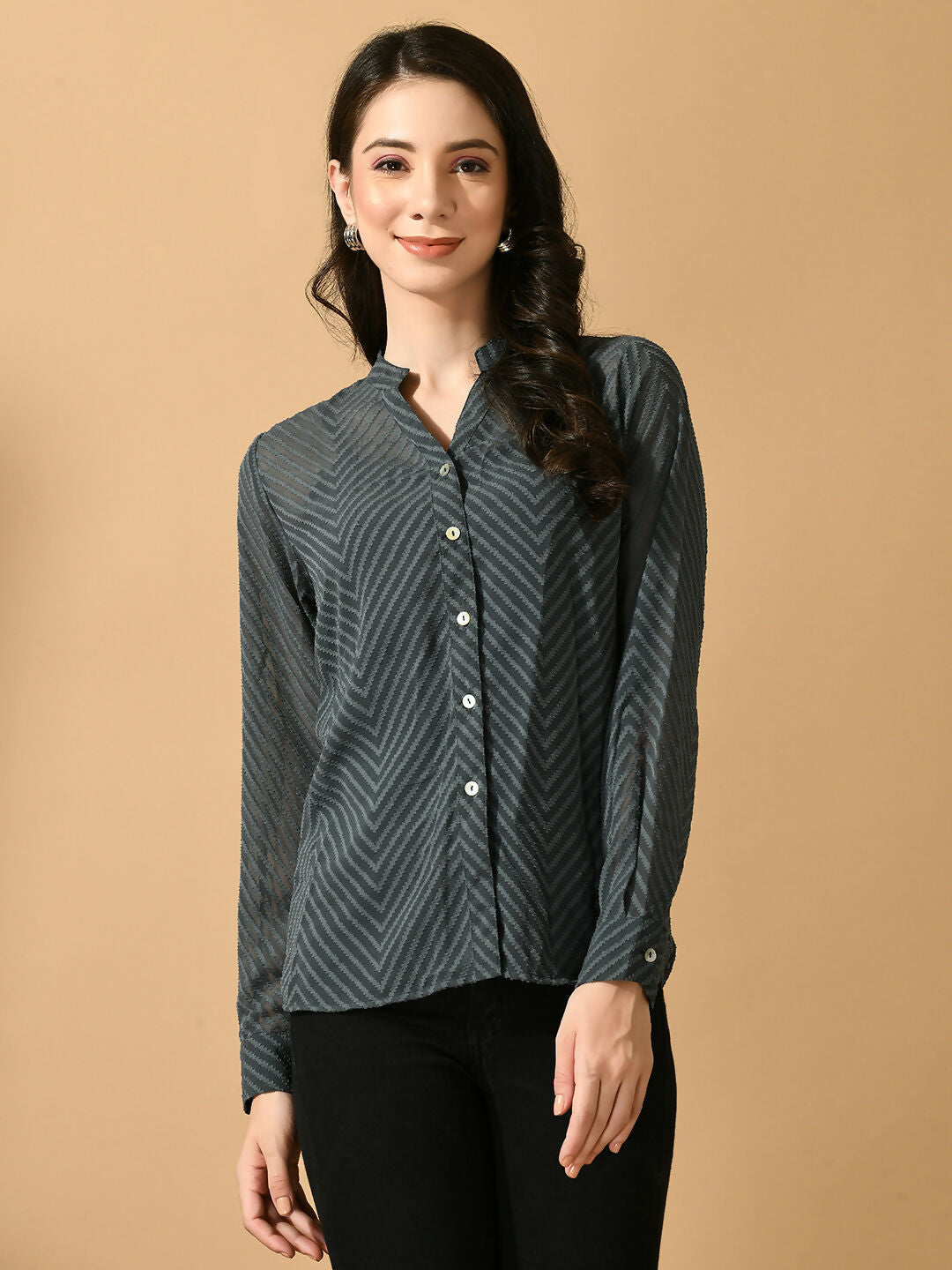 Myshka Women's Grey Georgette Solid Sheer Shirt