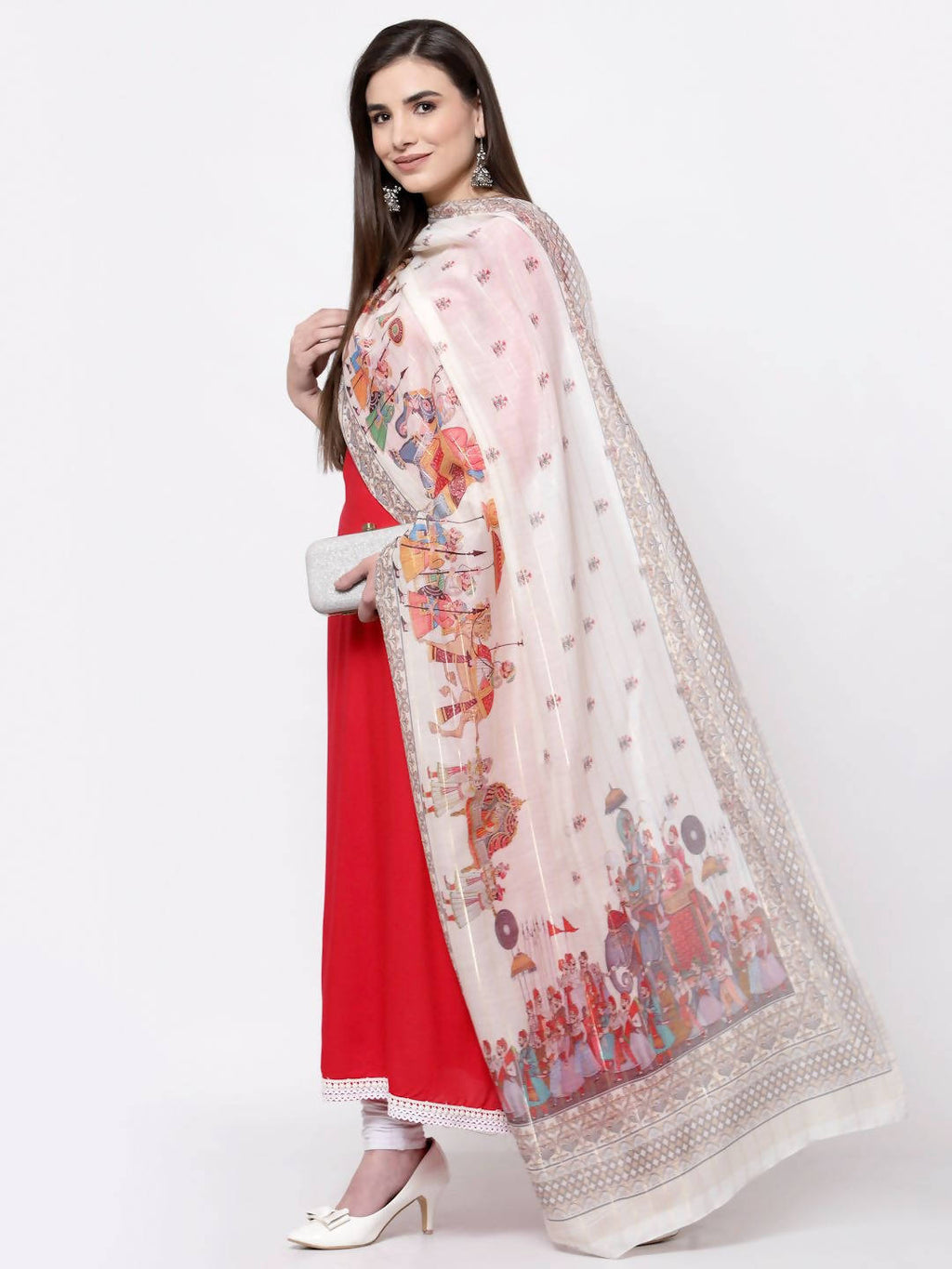 Myshka Pink Cotton Solid 3/4 Sleeve V Neck Casual Kurta Dupatta Set
