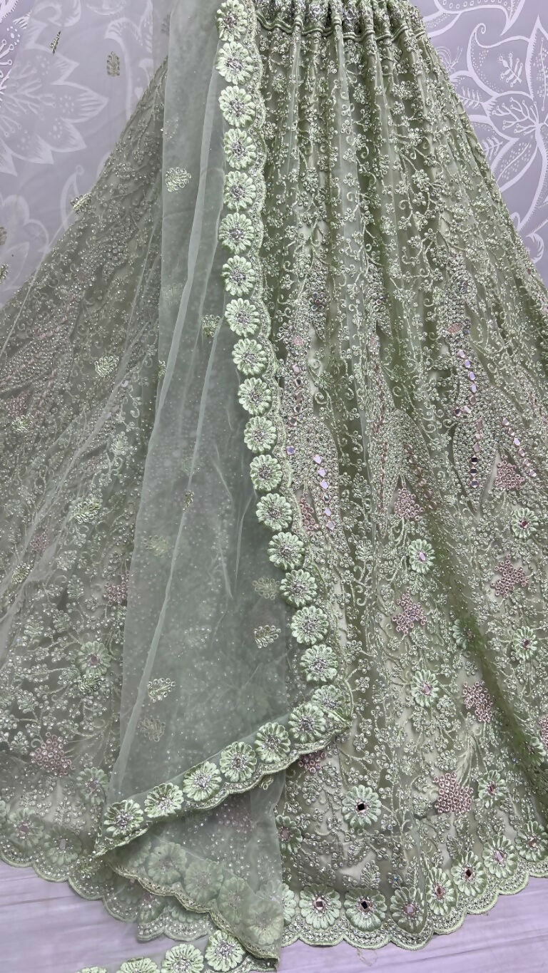 Jyoti Fashion Women's Pista Green Bridal Net Fancy Dori, Multi Thread, Hand Mirror and Diamond Work Wedding Lehenga Choli