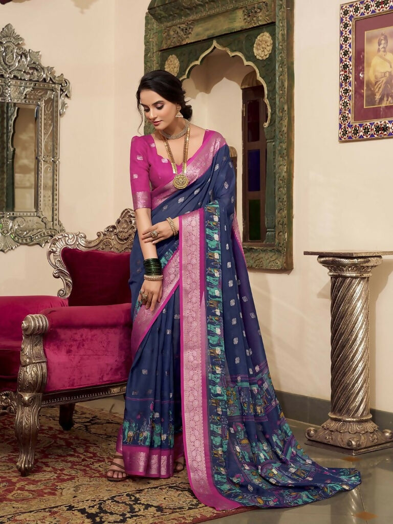 Vastranavya Navy Blue Poly Cotton Kalamkari Printed Saree with Unstitched Blouse