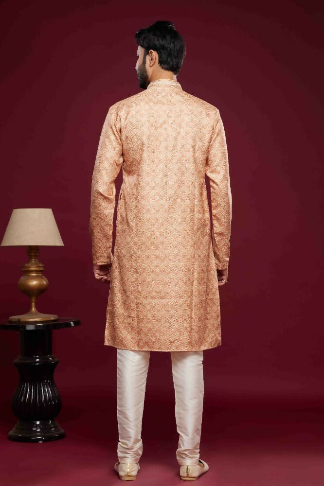 Raivat Ethnic Art Silk Digital Print Pintux Work Kurta Pajama In Peach Colour