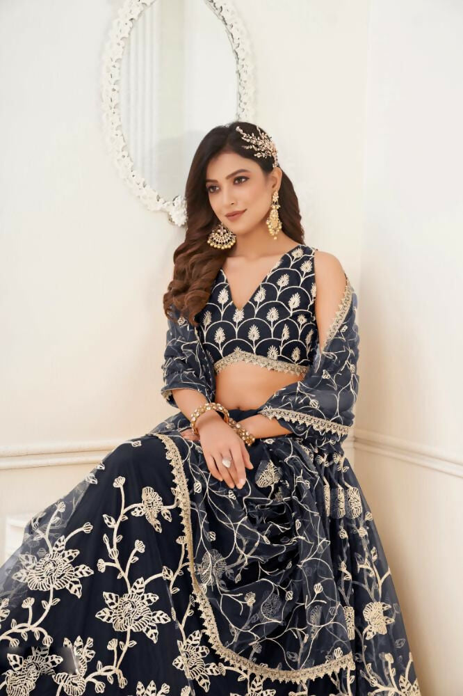 Aastha Fashion Black Butterfly Net White Cotton Thread Work And Sequence Work Embroidery Wedding Wear Lehenga Choli
