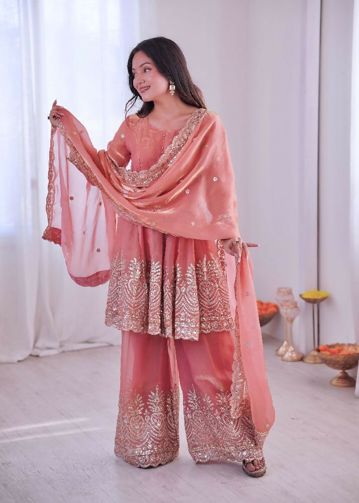 Teeya Creation Peach Color Fendy Satin Silk Embroidery Work Party Wear Salwar Suit - Distacart
