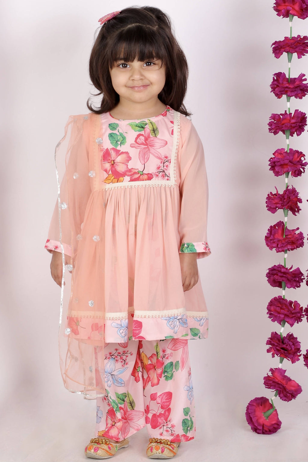 Little Bansi Girls Peach Color Rose print Kurta Frock with Floral Plazzo and Dupatta