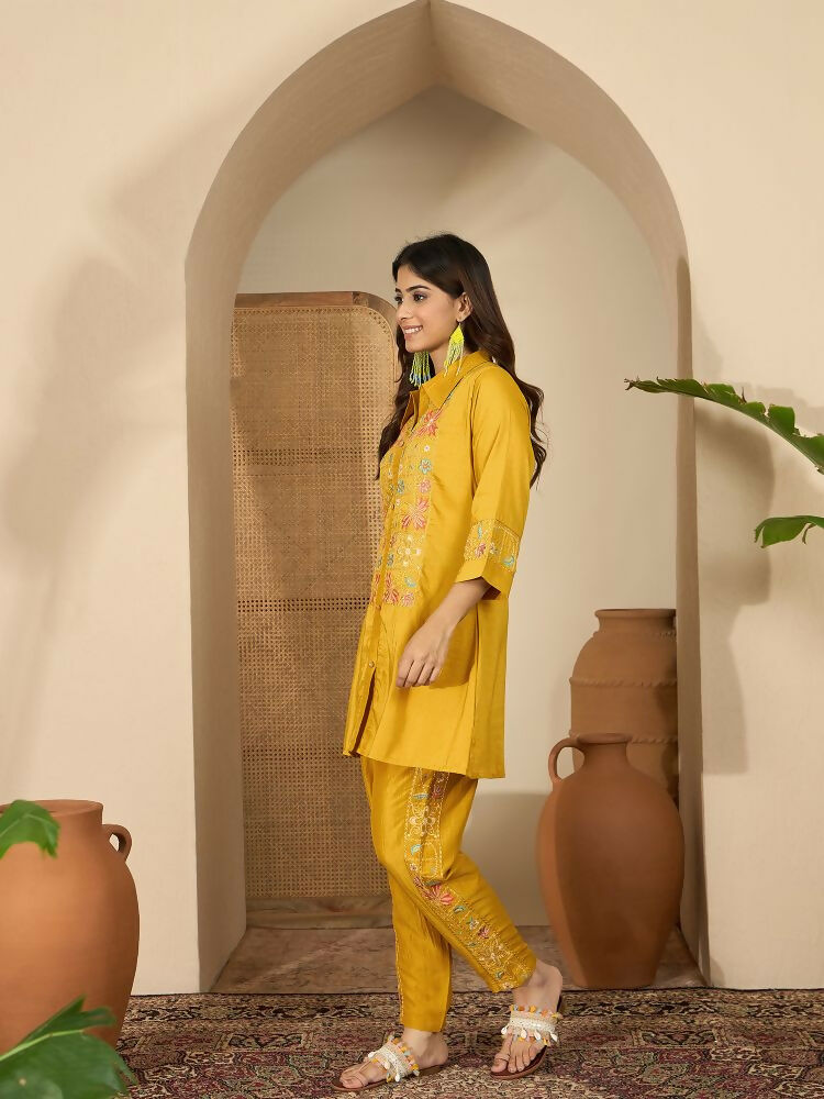 Joban Fashion Women Mustard Roman Silk Embroidered Stitched Kurta Set - Distacart