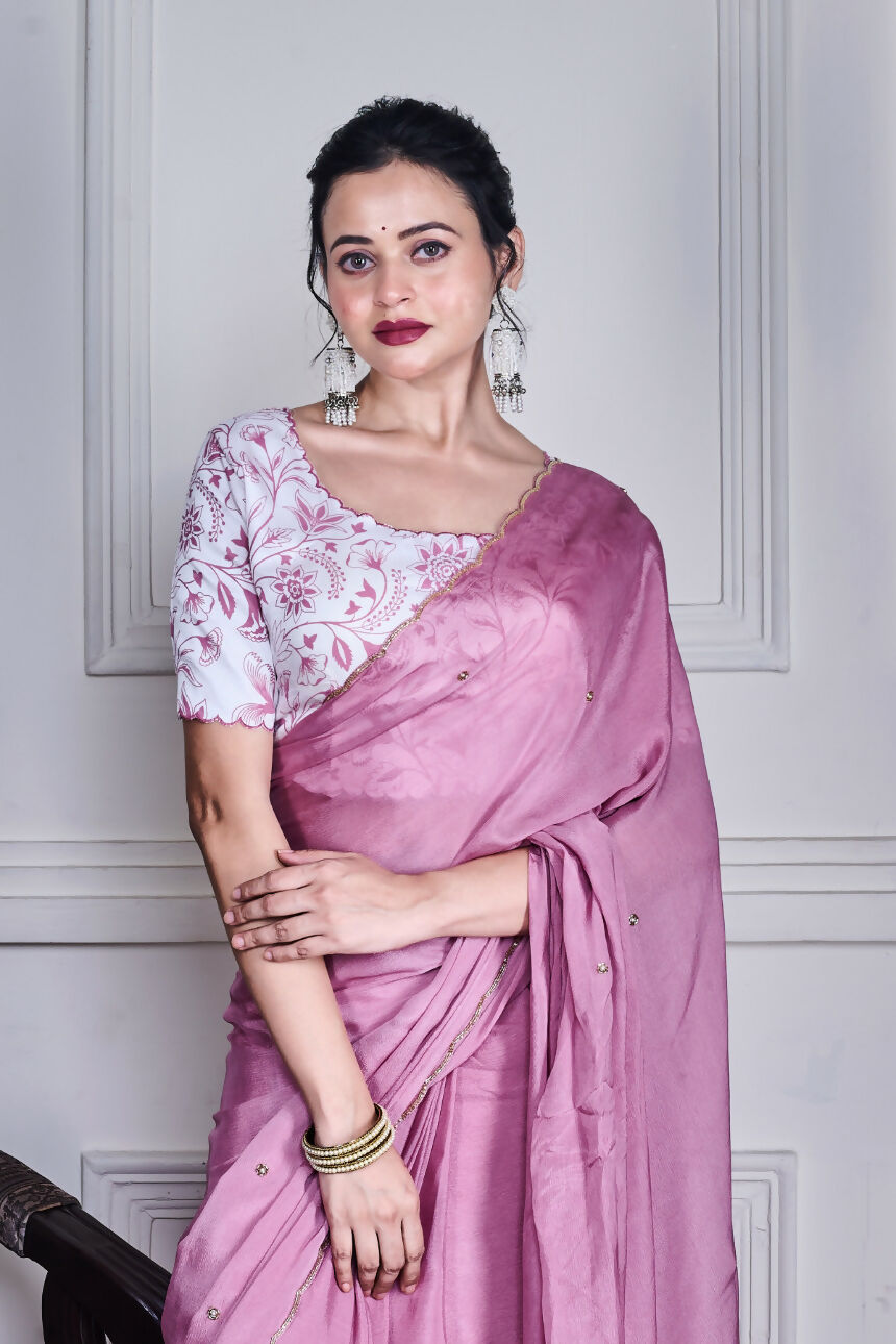Morchari Purple Chiffon Hand Embroidery Saree And Stitched Blouse - Distacart