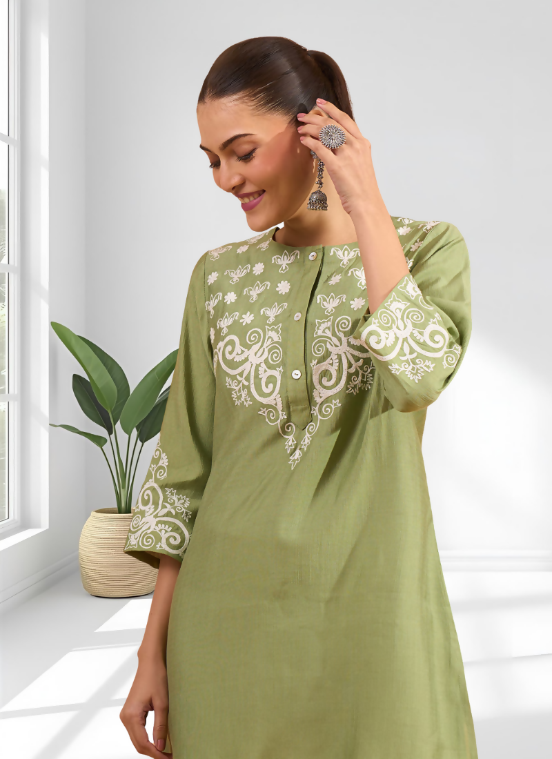Joban Fashion Green Silk Embroidered Readymade Tunic - Distacart