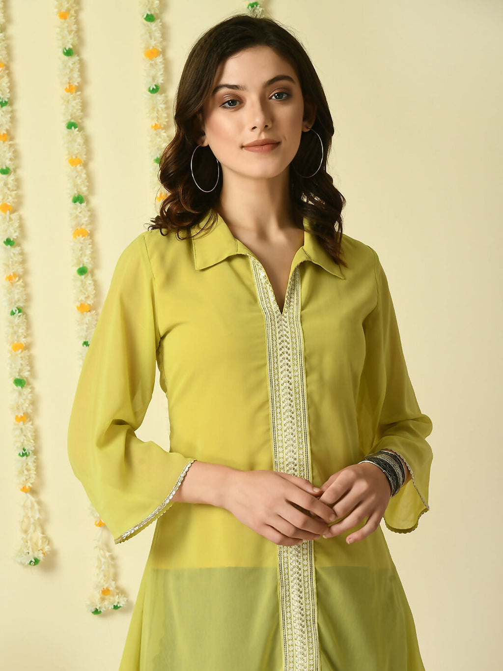 Myshka Women's Yellow Embroidered Party Fusion Top