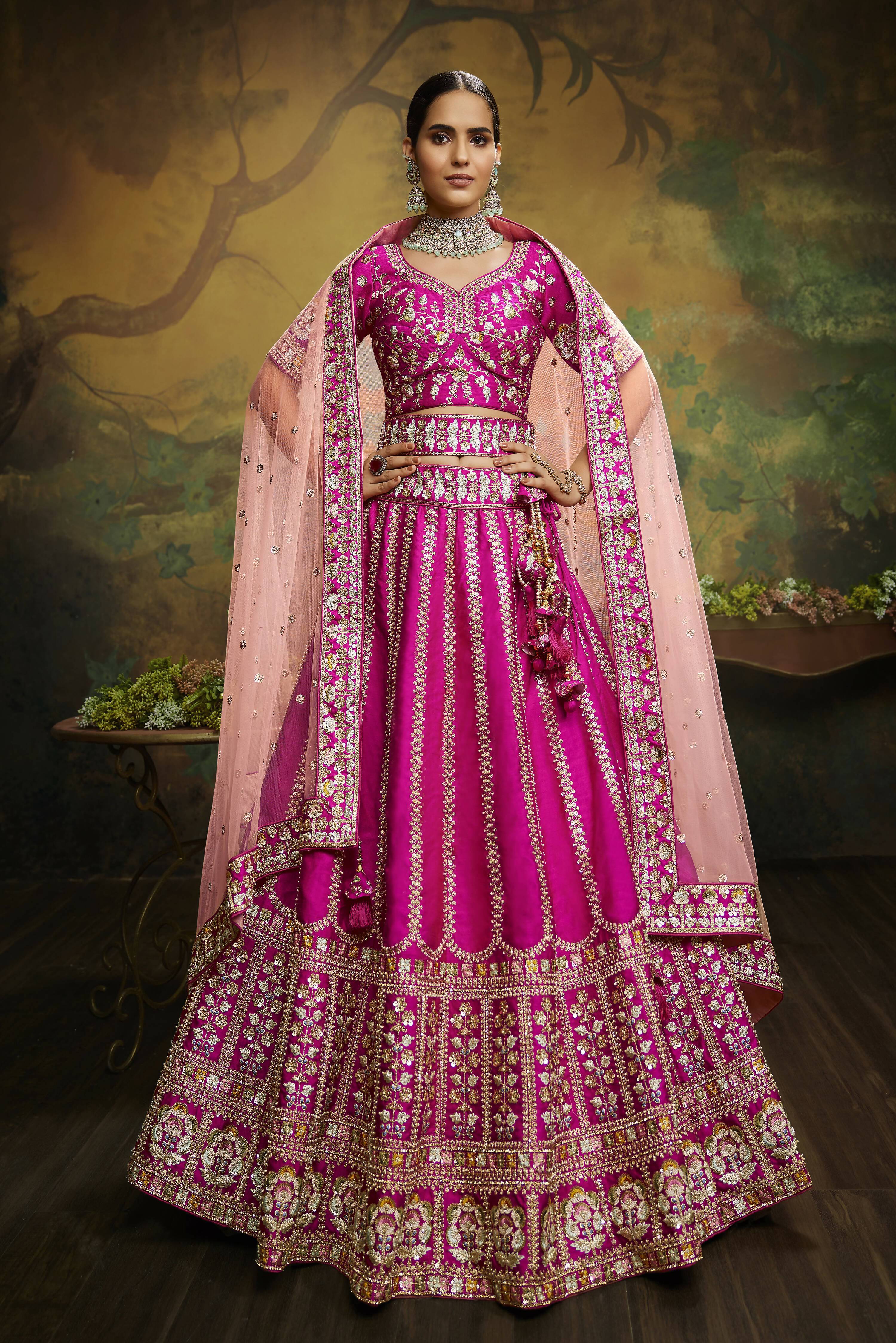 House of Panchhi Pink Pure Silk Moti & Zarkan heavy embroidery Lehenga choli & Dupatta