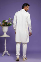 Raivat Ethnic Art Banarasi Silk Thread Work Kurta Pajama In Cream Colour