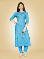 Jyoti Fashion Women's Sky Blue Viscose Rayon Embroidered Kurta Pant Set