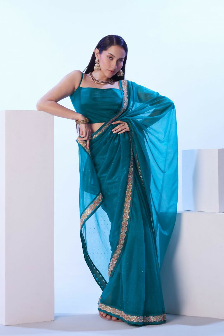 Firozi C/H Net Solid Designer & Lace Work Saree - Samaa
