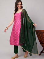 Magenta Pink and Green Polyester Printed Kurta with Trousers & Dupatta - Vishwa