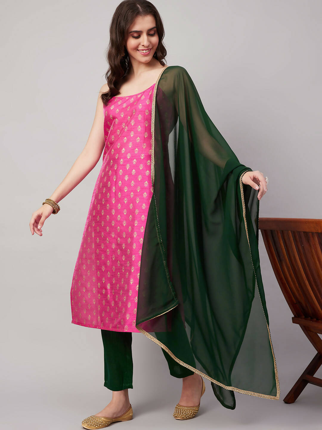 Magenta Pink and Green Polyester Printed Kurta with Trousers & Dupatta - Vishwa
