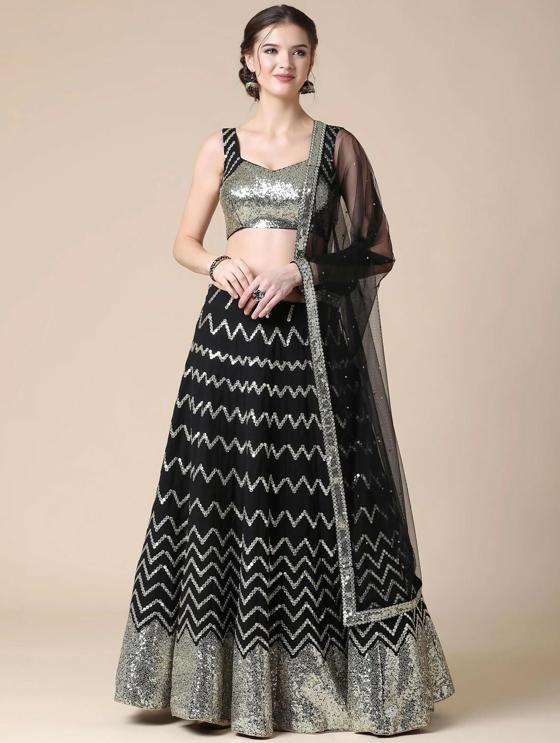 Jyoti Fashion Black Sequence with Thread Zari Embroidery Georgette Lehenga Choli with Dupatta