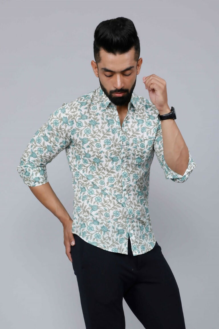 Miravan Men's Spread Collar White & Green Floral Print Slim Fit Shirt