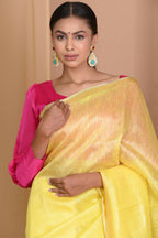 Very Much Indian Pure Linen Silk Saree With Sleek Border - Yellow - Distacart