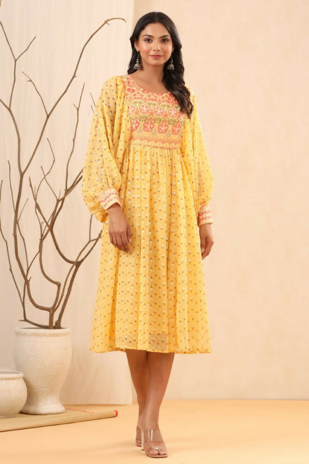 Juniper Yellow Ethnic Motif Printed Georgette Midi Dress With Sequins Work - Distacart