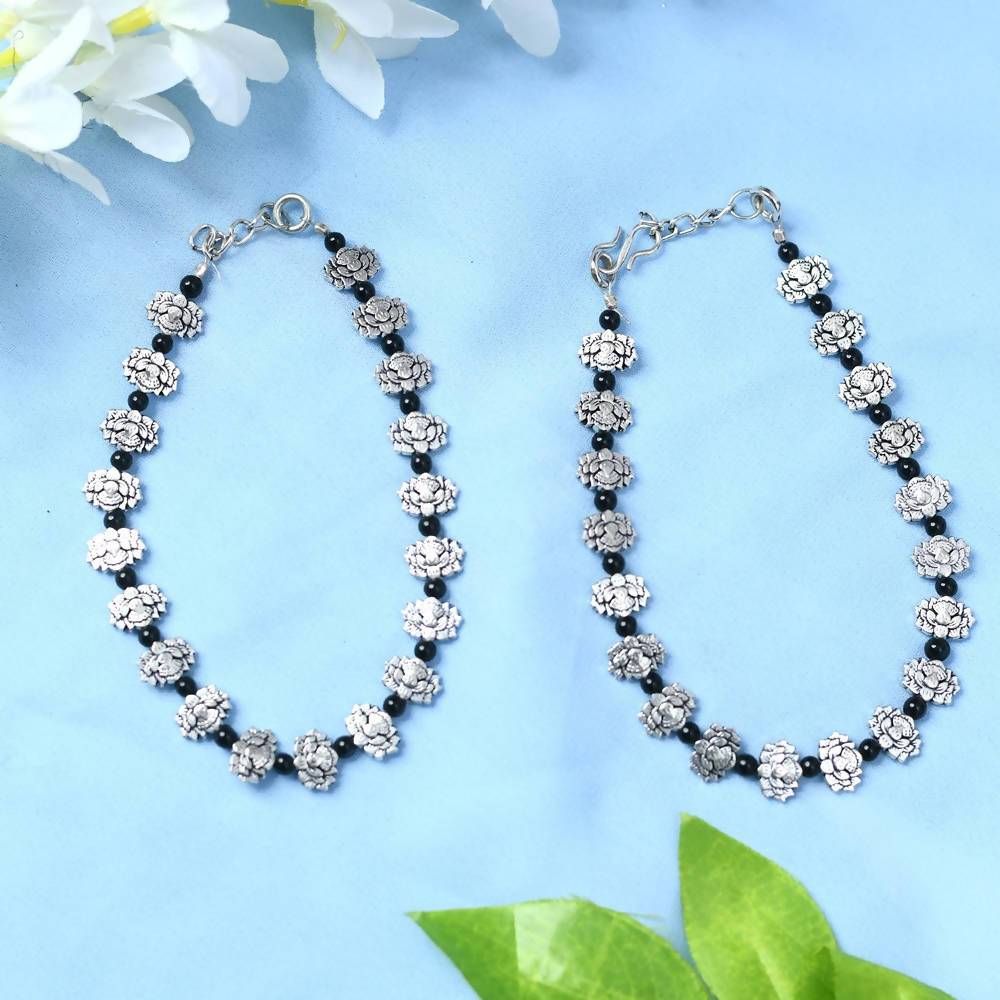 Mominos Fashion Kamal Johar Oxidised Silver Black Beads Anklets