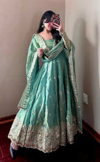 Teeya Creation Teal Fendy Silk Designer Heavy Work Wedding Wear Long Gown - Distacart
