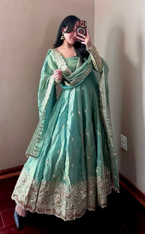 Teeya Creation Teal Fendy Silk Designer Heavy Work Wedding Wear Long Gown - Distacart