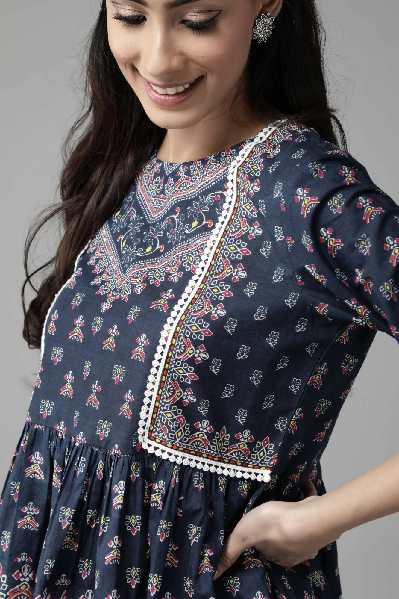 Juniper Women Indigo Cambric Printed A-Line Tunic - Distacart