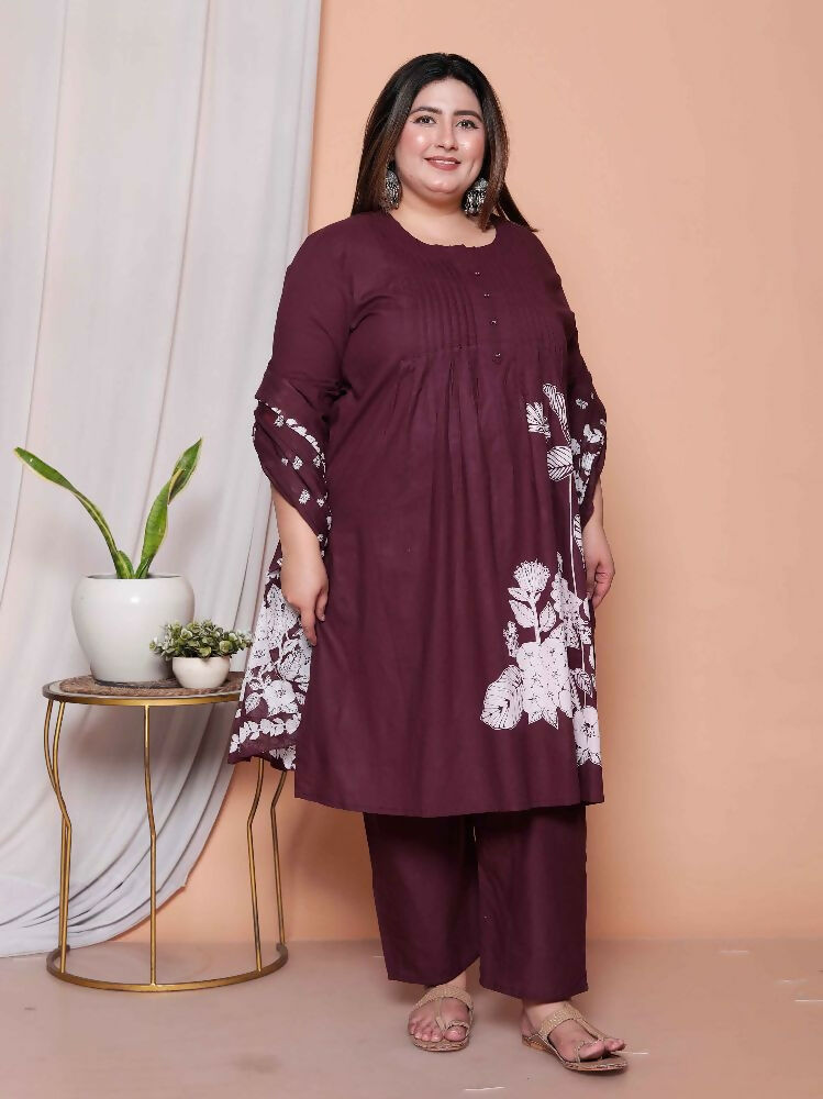 Miravan Womens Plus Size Wine Floral Kurta With Palazzo And Dupatta Set - Distacart