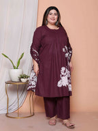Miravan Womens Plus Size Wine Floral Kurta With Palazzo And Dupatta Set - Distacart