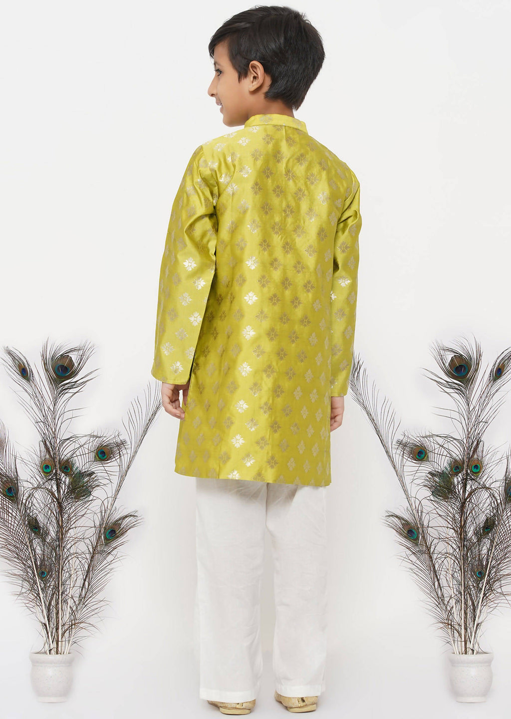 Little Bansi Boys Banarsi Silk Sherwani & Pyjama - Apple Green & Cream