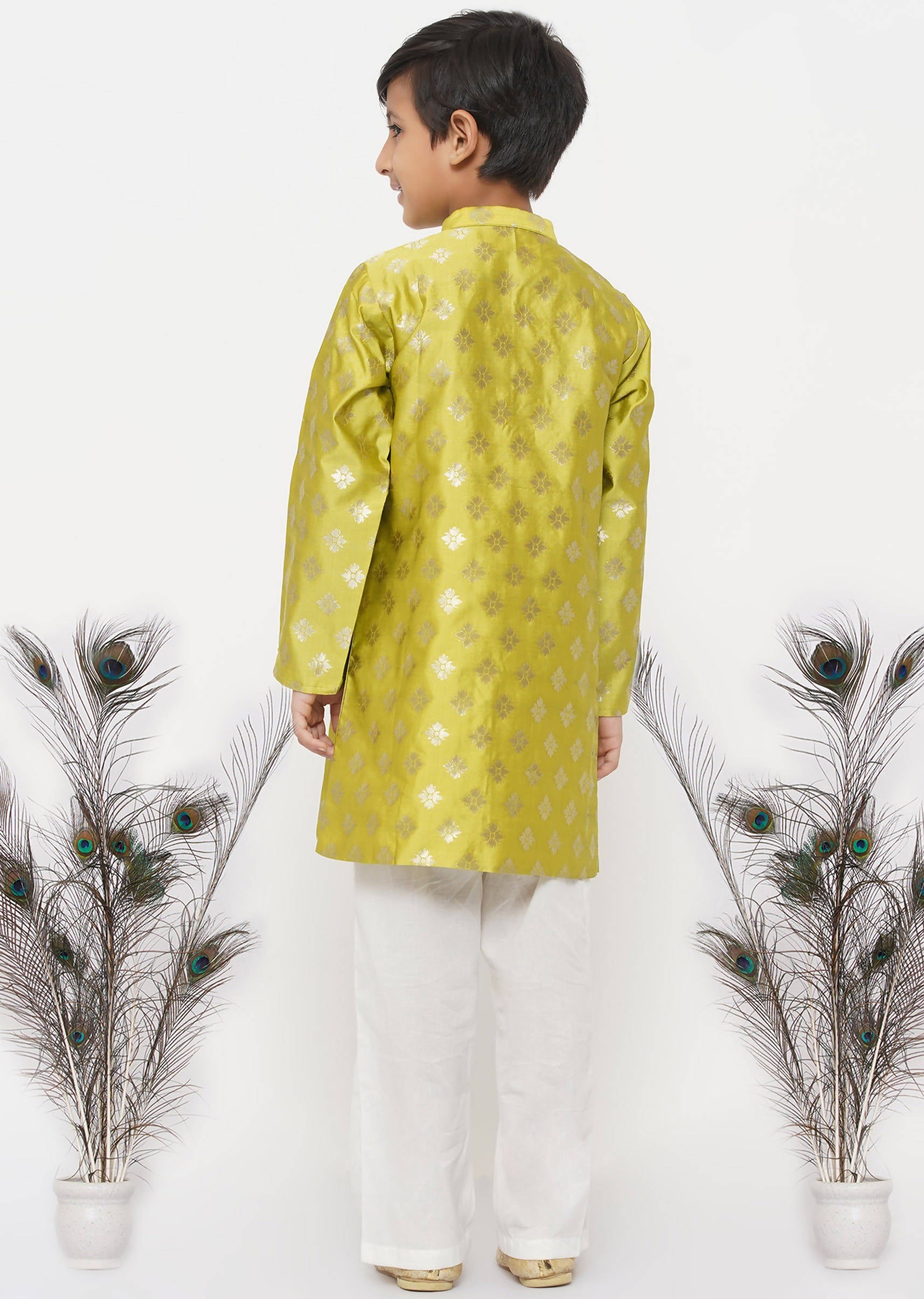 Little Bansi Boys Banarsi Silk Sherwani & Pyjama - Apple Green & Cream
