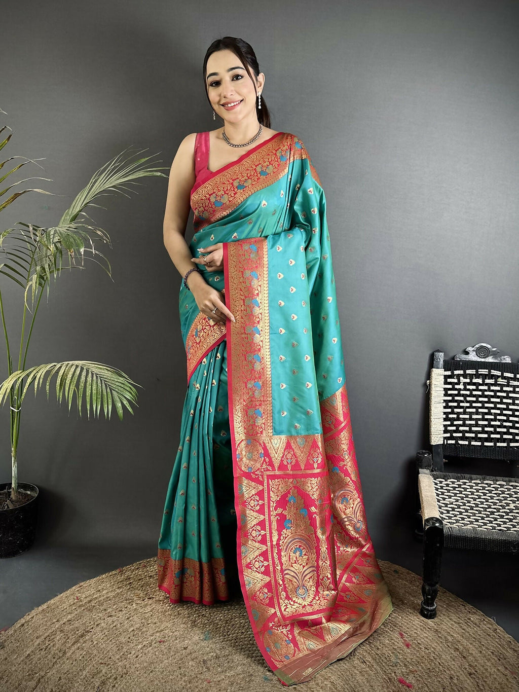 Joban Fashion Teal Blue Intricate Motifs Soft Silk Banarasi Saree