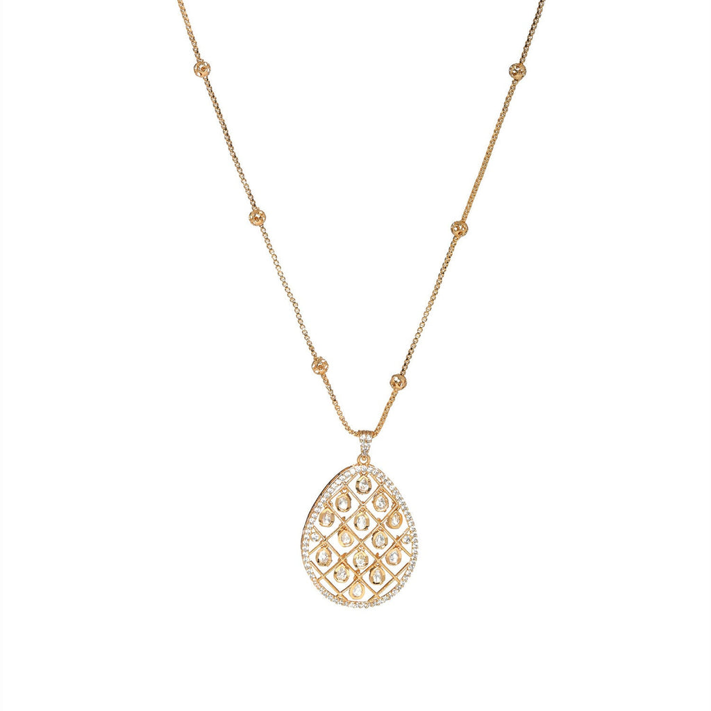 Long Gold Chain with Kundan Jhallar Pendant (Gold) - Ruby Raang
