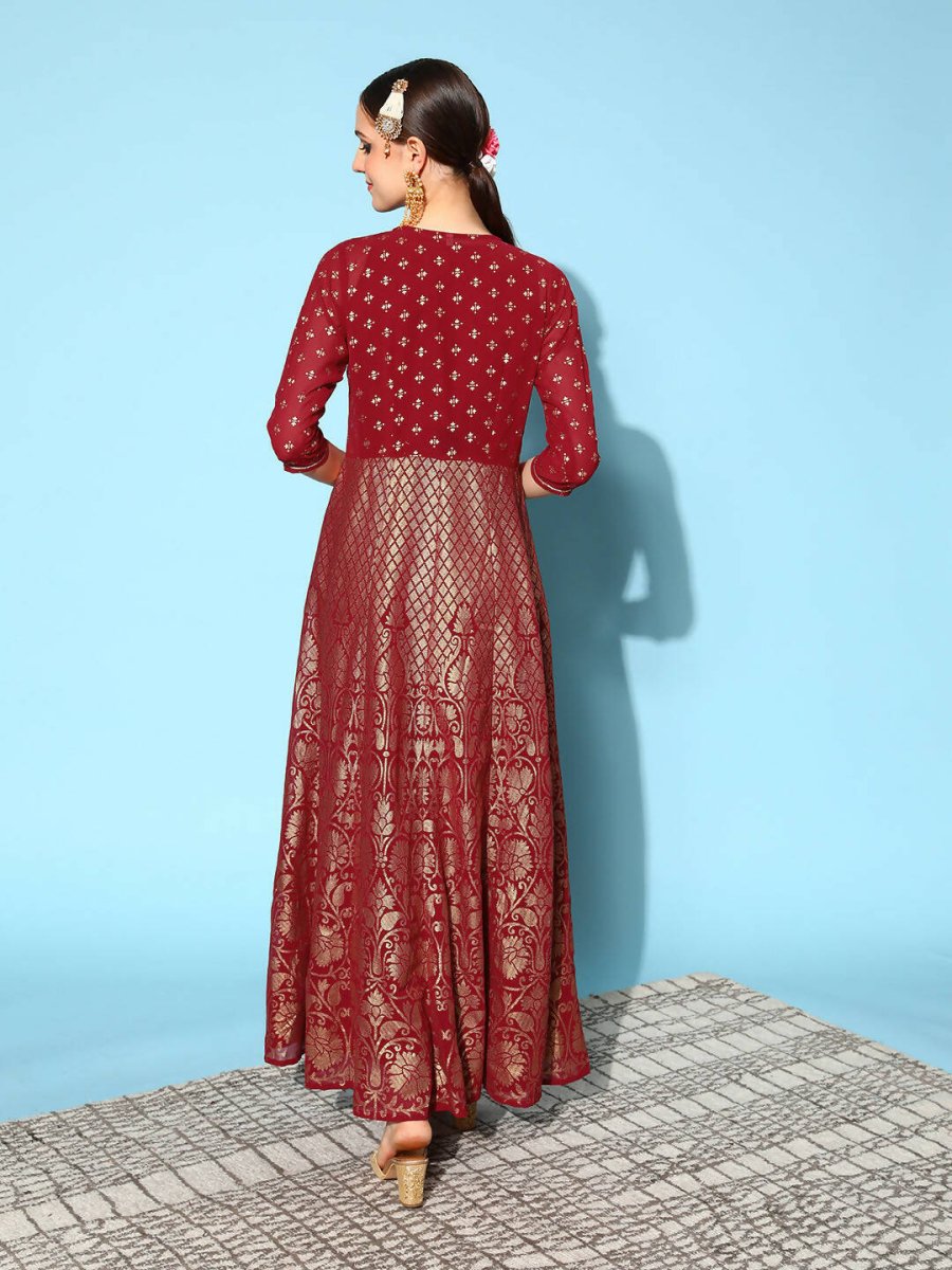 Ahalyaa Women Beautiful Maroon Crepe Brocade Ethnic Dress - Distacart
