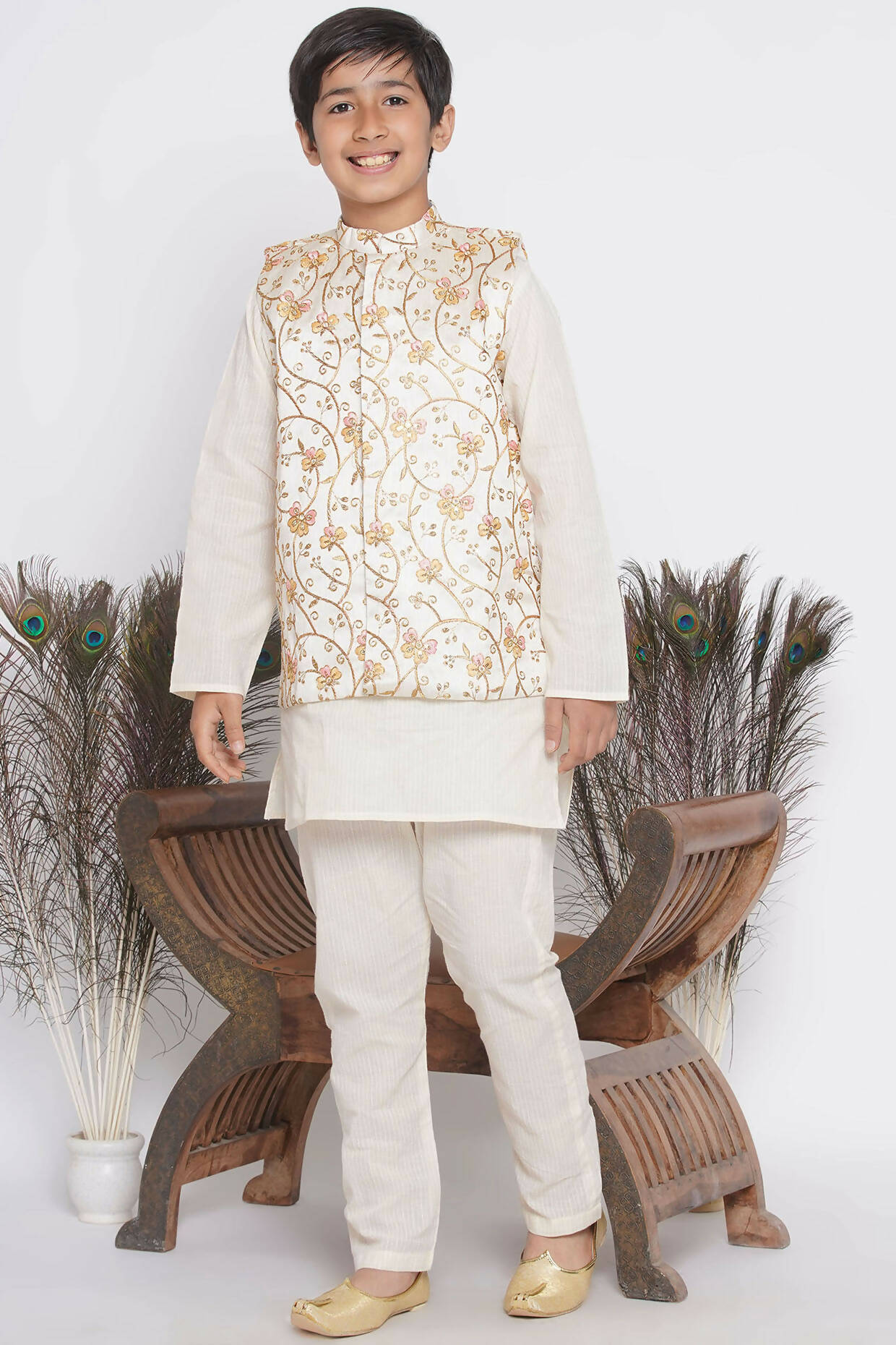 Little Bansi Banarsi Silk Orange Pink Floral Embroidery Jacket with Cotton Kantha kurta and Kantha Pyjama - Cream