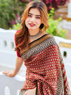 Zibaa Hand-Blocked Pure Maheshwari Silk Red Saree - Small Motifs - Distacart
